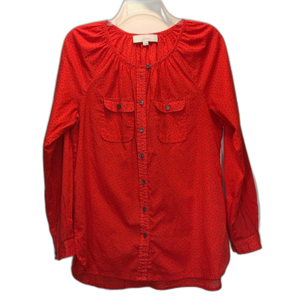 THE LOFT Orange + Gray Polka Dot Blouse Small - Picture 1 of 7